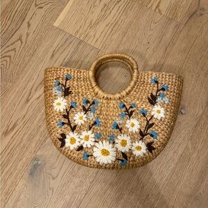 Floral Embroidered Straw Tote Bag